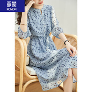 羅蒙（ROMON）碎花連衣裙女2026年春夏季新款女裝時(shí)尚氣質(zhì)收腰顯瘦雪紡中長(cháng)裙子 天藍色 M