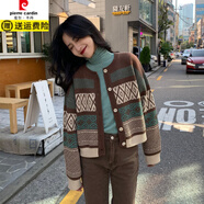 皮爾卡丹韓國森系復古花紋毛衣外套女2025秋冬季新款寬松短款針織開(kāi)衫加厚 咖啡色 均碼