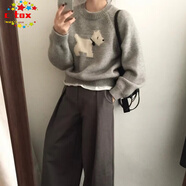 CTOX慵懶風(fēng)提花套頭卡通小狗毛衣女秋冬韓國寬松針織衫灰色上衣 灰色 M 90-105斤