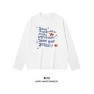 苜戈白色棉料長(cháng)袖t恤女春秋薄款顯瘦遮肉休閑慵懶ins個(gè)性印花上衣 白色 S 建議90斤內