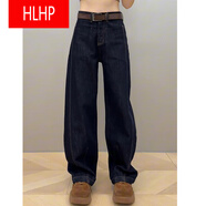 HLHP大碼加絨直筒牛仔褲女秋冬季窄版闊腿彎刀褲胖mm顯瘦寬松拖地褲子 深藍色【專(zhuān)治胯大腿粗/無(wú)腰帶】 S 【建議80-100斤】