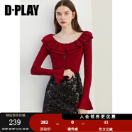 DPLAY2025秋季新款紅色毛衣女U領(lǐng)荷葉邊套頭針織衫修身上衣長袖 安哥拉紅 L
