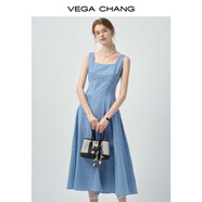 VEGA CHANG無(wú)袖連衣裙女2025年新款夏季法式方領(lǐng)顯瘦藍(lán)色吊帶裙子 藍(lán)白格子 M