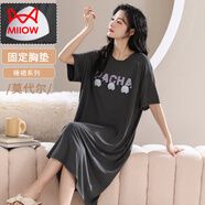 貓人（MiiOW）莫代爾睡裙女士夏季短袖圓領(lǐng)薄款日系長(cháng)款連衣裙睡衣家居服帶胸墊 34M22351深灰色帶胸墊 XL (建議120-140斤)