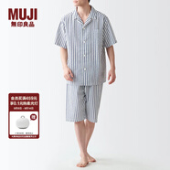 無(wú)印良品（MUJI）男式 無(wú)側縫泡泡紗短袖睡衣男士家居服套裝男款夏季純棉全棉 深藏青色條紋 M