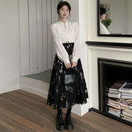 新中式國風(fēng)套裝女春秋大尺碼微胖mm顯瘦減齡感襯衫馬面裙兩件套 白色上衣+馬面裙套裝大尺碼 M