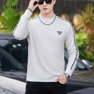 V-MENVMEN秋冬打底衫男圓領(lǐng)衛衣時(shí)尚字母刺繡織帶拼接修身彈力長(cháng)袖T恤 白色 S