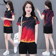 袋鼠（DAISHU）明星同款短袖短褲套裝女夏季運動(dòng)服跑步服冰絲速干衣兩件套五分褲 大紅 L(推薦95-110體重)