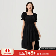 快魚方領(lǐng)泡泡袖新品連衣裙2024新款女夏不規(guī)則設(shè)計(jì)感收腰顯瘦氣質(zhì)長(zhǎng)裙 黑色 L