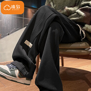 棉致直筒褲子女秋冬季新款寬松高腰闊腿運動(dòng)休閑褲女士衛褲加厚加絨 黑色【X329常規高品質(zhì)18】 XL 120-140斤