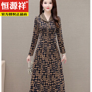恒源祥媽M媽時(shí)尚長(cháng)袖洋氣中長(cháng)款連衣裙氣質(zhì)2025秋季新款顯瘦裙子印花修 咖啡色長(cháng)袖連衣裙（有口袋） 2XL 建議125-140斤