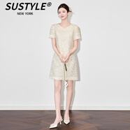 SUSTYLE奢侈高端品牌高品質(zhì)時(shí)尚重工雀羽歐根紗彩繡時(shí)尚百搭顯瘦連衣裙 杏色 2XL