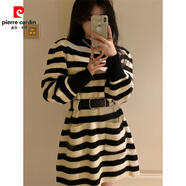 皮爾卡丹（pierre cardin）復古氣質(zhì)針織連衣裙女秋冬流行設計感加厚裙子收腰顯瘦小個(gè)子短裙 條紋（送腰帶） L