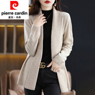 皮爾卡丹（pierre cardin）2025春秋領(lǐng)純色針織開(kāi)衫女寬松顯瘦時(shí)尚中長(cháng)款毛衣外套上衣針織 米白色 M 建議90-105斤