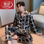 浪莎（LangSha）春秋季冰感絲綢睡衣男長(cháng)袖薄款胖子加肥特大碼斤肥佬寬松家居服 雙長(cháng)-743美杜莎 L 男(100-120斤)
