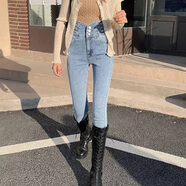 semir森馬排扣超高腰緊身彈力牛仔褲女黑灰時尚設(shè)計收腹修身九分鉛筆小 淺藍色 31