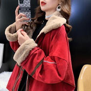 俞兆林（YUZHAOLIN）休閑工裝服女短款冬新款韓版寬松顯瘦加絨羊羔毛衣ins潮外套WH 紅色 M 100-115斤左右