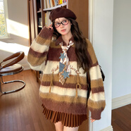 森女部落美拉德寬松撞色毛衣女2025新款百搭軟糯慵懶感針織衫冬季 棕色毛衣 S 模特碼