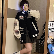 UOOROSE  廣州棒球服vintage美式拼接刺繡棒球服春秋季新款百搭學(xué)生韓版  A29藏青色【刺繡星球】 pu皮袖毛呢面 XL 【建議125-145斤】