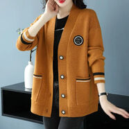 玖卡依洋氣媽媽毛衣外套女拼接秋冬季韓版寬松新款針織開(kāi)衫顯瘦大碼女裝 橙色 4XL 建議160-180斤