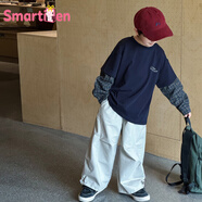 Smartiden國際品牌2025男童秋款帥氣小狗印花中小童上衣時(shí)尚格子假兩件兒童 藏青色 100 cm