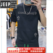 JEEP SPIRIT夏季歐洲站2025新款潮牌T修身韓版時(shí)尚十字架印花插肩袖短袖t恤男 黑色 收藏加購+運 費 險 4XL 170斤-185斤