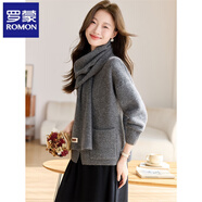 羅蒙（ROMON）帶圍巾針織外套女短款秋冬新款加厚外搭開(kāi)衫毛衣寬松百搭羊毛大衣 灰色 M