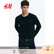 H&M男裝女裝T恤秋季圓領(lǐng)棉質(zhì)寬松長(zhǎng)袖上衣打底衫1029317 黑色 L 175/108
