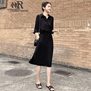 clotho Rennie品牌女裝收腰雪紡連衣裙女2025夏季新款氣質遮肚顯瘦時尚中長裙子 黑色 M