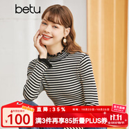 betu百圖女裝減齡木耳邊條紋打底衫半高領(lǐng)顯瘦長(zhǎng)袖針織衫女2210T21 黑白條 L
