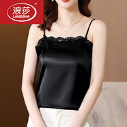 浪莎（LangSha）真絲吊帶背心女內搭蕾絲拼接緞面雪紡上衣夏季寬松外穿打底衫 黑色【301】 XL 105-115斤