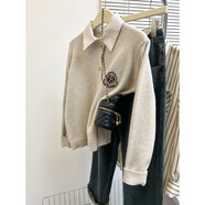 俞兆林（YUZHAOLIN）假兩件套頭針織毛衣女2025秋冬新款加厚上衣短款襯衫領(lǐng)內搭打底衫 米杏色 XL