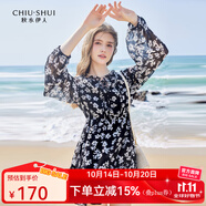 秋水伊人復(fù)古優(yōu)雅碎花連衣裙春秋新款木耳邊立領(lǐng)長(zhǎng)袖雪紡裙 花料 L