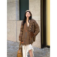 AEMAPE復古重工豹紋開(kāi)衫毛衣女2025秋冬加厚保暖提花設計感磨破慵懶開(kāi)衫 咖色 均碼 80-130斤