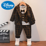 迪士尼（Disney）男童禮服0春秋款1兒童寶寶套裝2小西裝三件套3嬰兒中小童裝4-5歲 品牌C-6316小西裝三件套細(xì)條紋黃色 73 5-10個(gè)月(13-17斤)