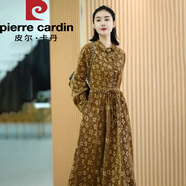 皮爾卡丹復古文藝咖色燈芯絨連衣裙2025新款秋冬新款氣質(zhì)長(cháng)袖收腰碎花裙子 咖啡色 M