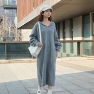 西町村屋（SETIROM）極簡(jiǎn)針織連衣裙女裝秋冬新款長(cháng)款寬松顯瘦連帽長(cháng)裙AD8501514 灰色 均碼