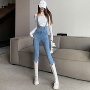 天啟世紀(jì)淺色超高腰小腳加厚牛仔布褲女秋冬彈力提臀鉛筆靴褲顯瘦顯高背帶 藍(lán)色 S