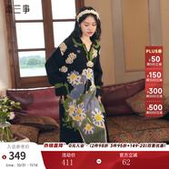 兩三事黑色針織連衣裙女 2024秋冬季v領(lǐng)長(zhǎng)款油畫毛衣裙子紛繁之間 黑色（提花） S