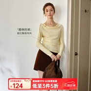 Olrain歐芮兒法式斜肩針織T恤女裝秋季2025新款蕩領(lǐng)系帶長(cháng)袖上衣 黃色 M
