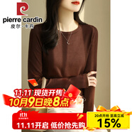 皮爾卡丹（pierre cardin）紫色圓領(lǐng)五分袖冰絲針織衫毛衣女春秋季新款正肩中袖打底上衣薄 2024深棕色長袖2025 S 【建議80-100斤】
