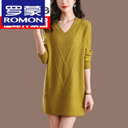羅蒙（ROMON）高檔羊毛衫女新款秋冬毛衣裙中長(zhǎng)款媽媽純色內(nèi)搭羊 絨打底衫 黃色 M