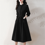 皮爾卡丹（pierre cardin）感酒紅色長(cháng)袖襯衫連衣裙女士秋冬季大碼遮肚顯瘦歐貨氣質(zhì)裙子 黑色 今年流行漂亮裙子 M 【90-100斤】 今年流行漂亮裙子