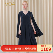 VOA100%真絲30姆米重磅V領荷葉邊袖順褶款斗篷式桑蠶絲連衣裙 AE386 高原藏青（A18） M