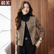 晨芙毛呢小香風西裝外套女休閑時尚復古氣質(zhì)修身羊毛小個子短款上衣 單件咖啡色外套 S 建議80-90斤