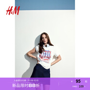 H&M女裝T恤2025秋季新款柔軟美式寬松印花短袖時尚舒適上衣1282938 奶油色/沙丁魚 XXS 155/76
