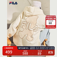 FILA斐樂官方女裝外套秋季上衣多彩潮流加絨保暖開衫連帽小熊外套 奶鹽白-F51W138599FIV(加絨) 165/84A/M