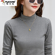 啄木鳥(niǎo)保暖內搭長(cháng)袖條紋t恤半高領(lǐng)棉T打底衫女秋冬修身洋氣加厚百搭韓系 428灰條 (拼接領(lǐng)) S 建議80-95斤
