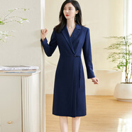 米思陽(yáng)（missshine）2025春季新款氣質(zhì)通勤收腰連衣裙修身新中式盤(pán)扣西裝裙子女 藏藍色現貨直發(fā) S