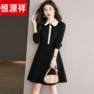 恒源祥高端紅色羊毛針織毛衣裙女冬娃娃領(lǐng)中裙顯瘦連衣裙外穿新年紅裙子 黑色 M